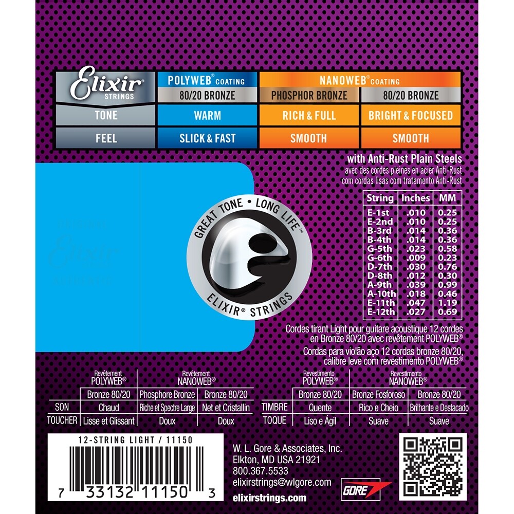 Elixir 11150 12-String 80/20 Bronze, Polyweb, Light Acoust Strings, 10-47