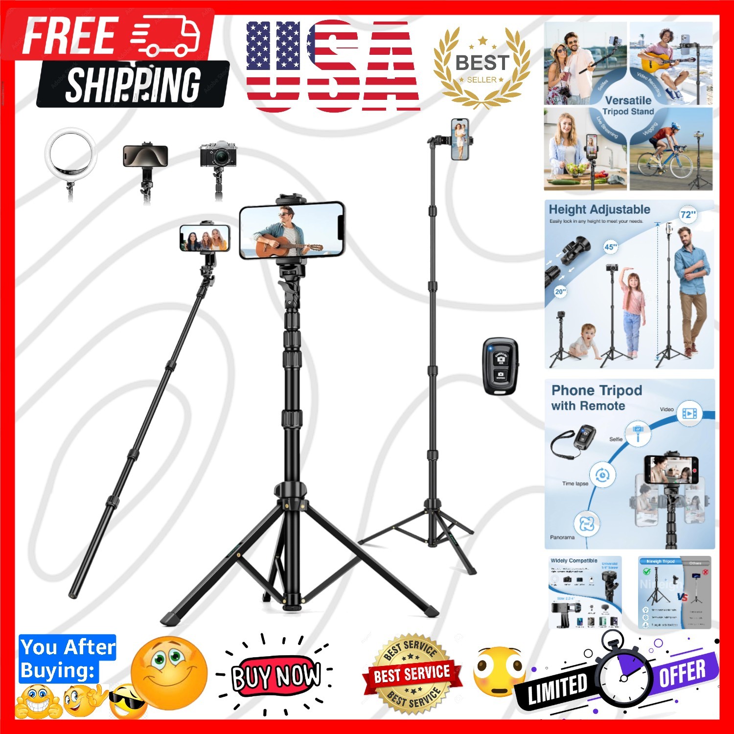 72" Tripod for iPhone, Phone & Camera Travel Tripod Stand with Remote, Compat...