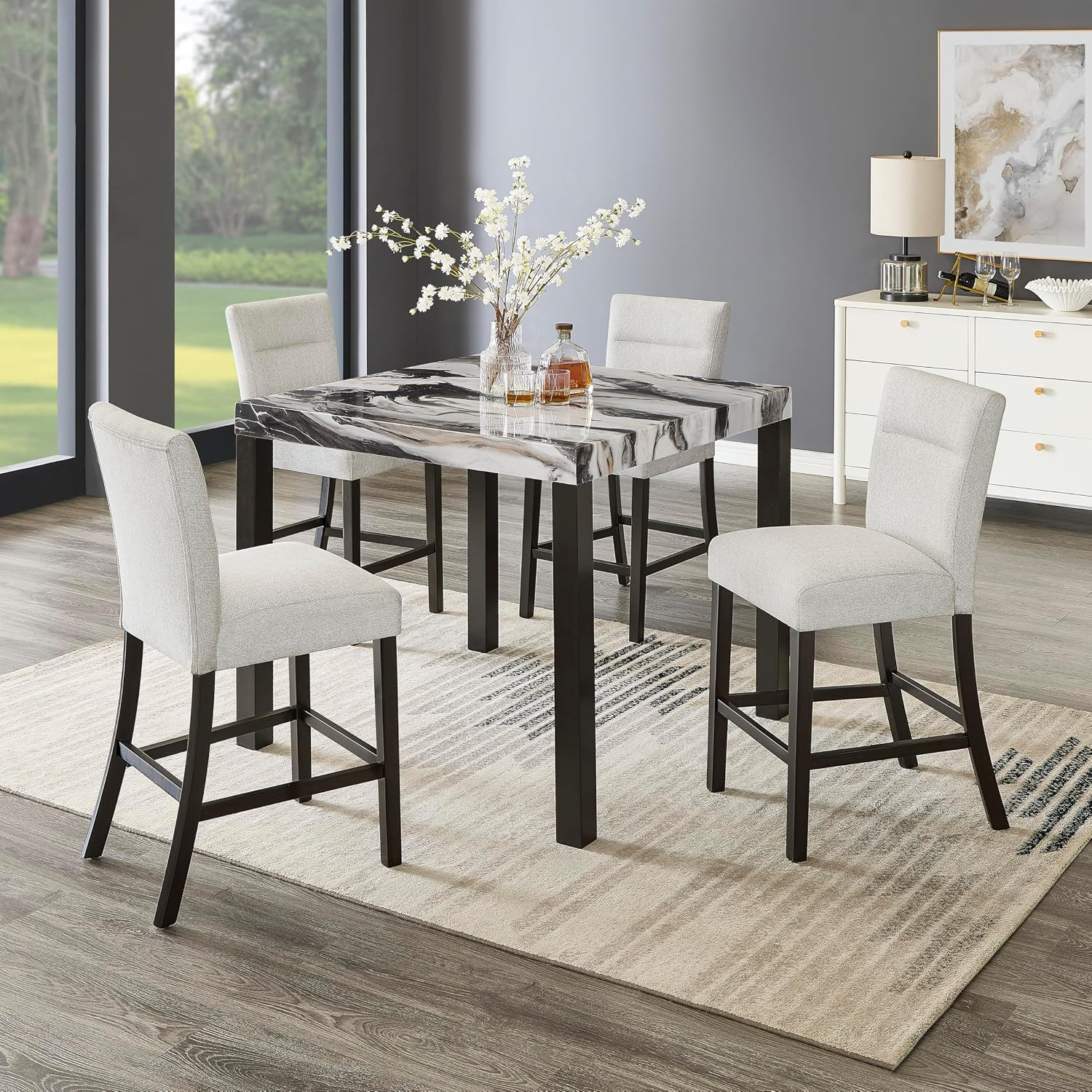 Cavira Modern Faux Marble Counter Height Dining Table with 4 Stools