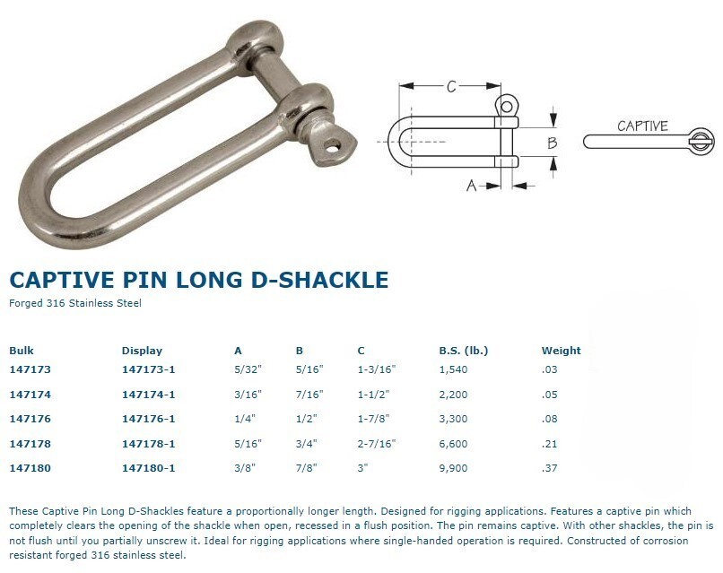 Sea-Dog Captive Pin Long D-Shackle, 5/16", 147178
