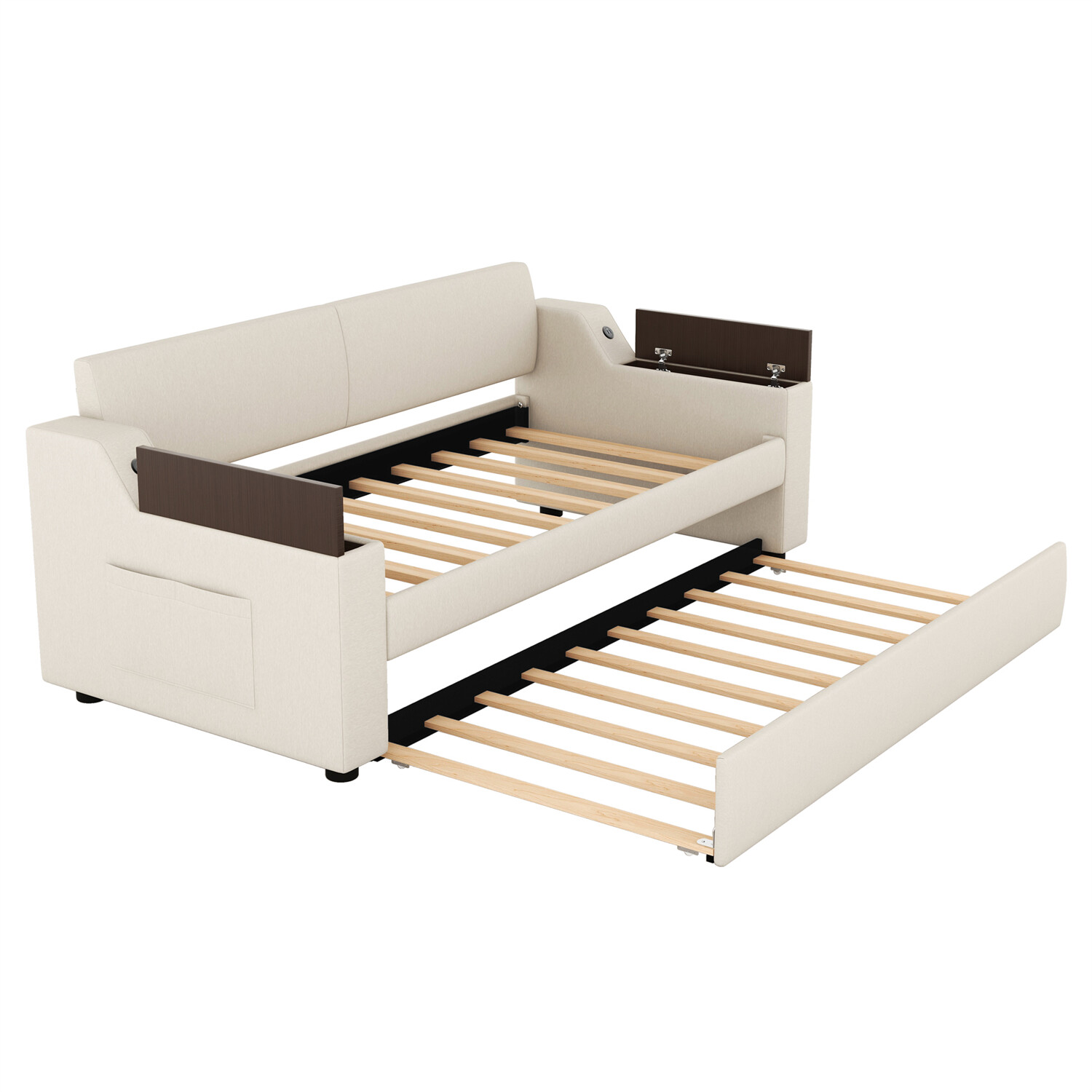 Twin Size Daybed Upholstered Bed Frame Sofa Bed with Trundle Bed Beige