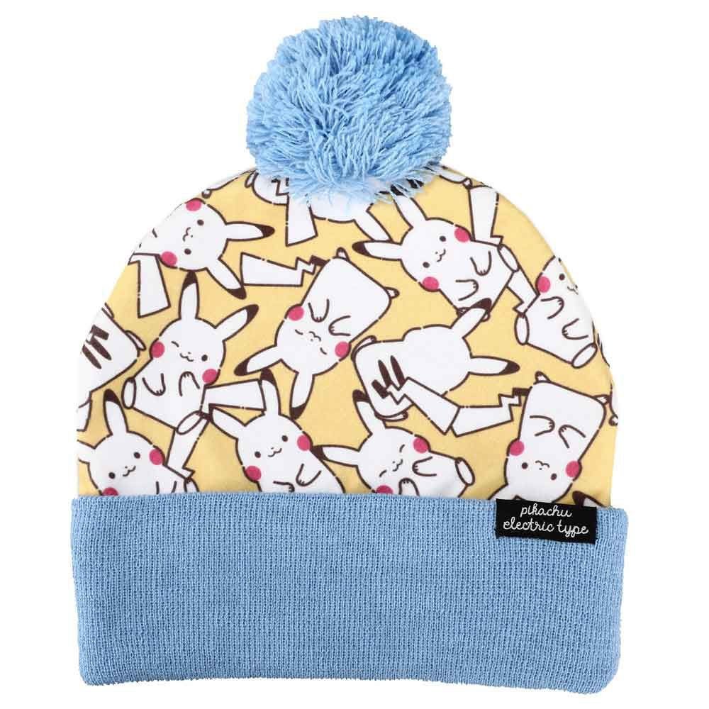 Bioworld Pokemon Pikachu Knit Pompom Cuff Beanie Tan White Cyan Licensed BNWT