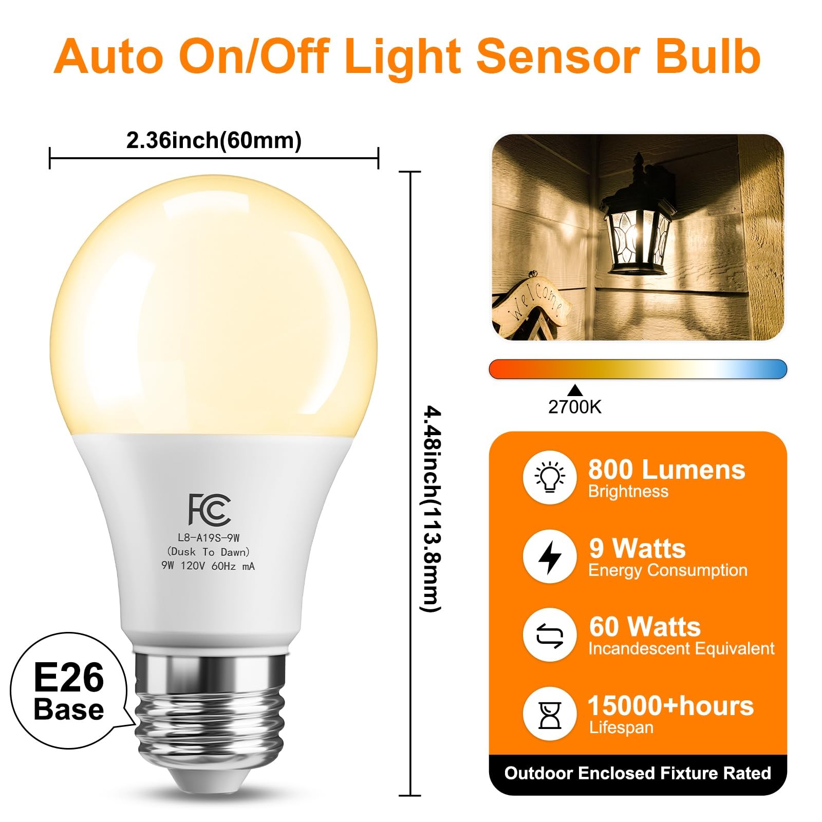 8 Pack Dusk To Dawn Light Bulbs Outdoor, Light Sensor Led Light Bulb, Automatic