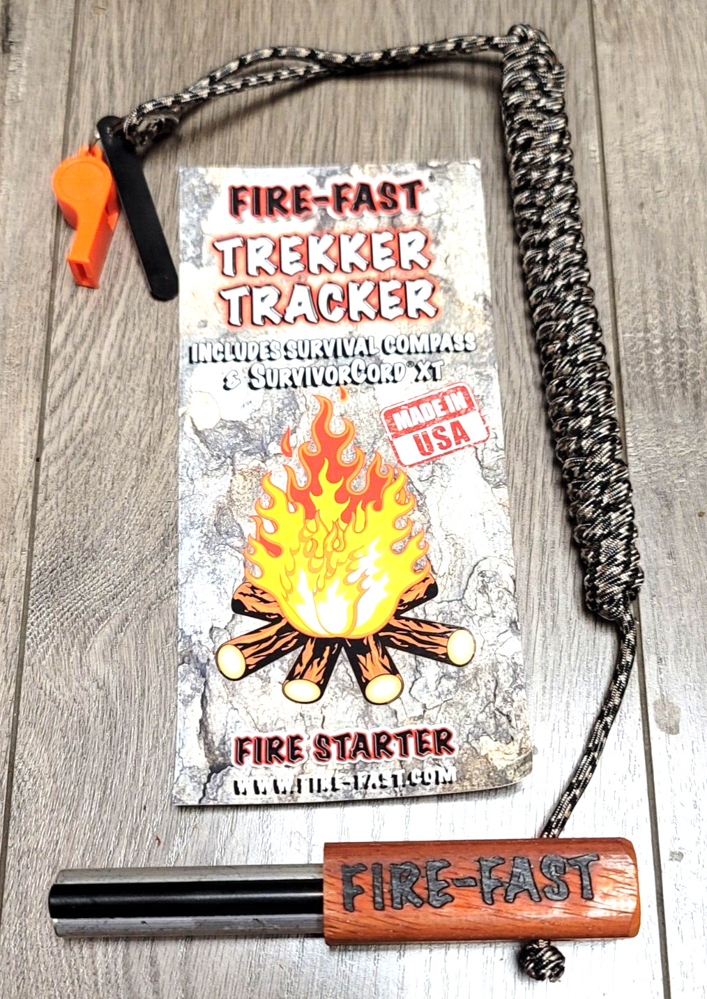 Fire-Fast Trekker Tracker Pro Magnesium Fire Starter, Compass, Survival Kit USA!