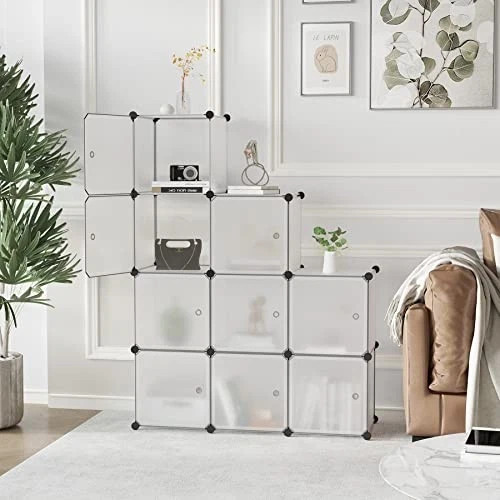 Cube Storage Organizer with Doors Shelves, Closet 6-Cube Transparent White