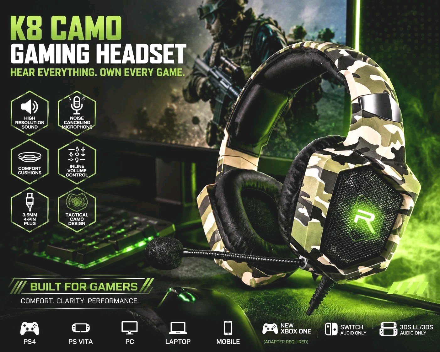 RunMus K8 Gaming Headset Camouflage PS4 Vita PC Laptop Mobile New Xbox 1 w/Mic