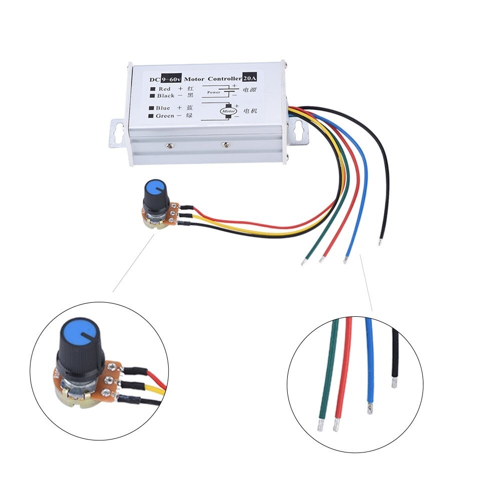 2Pcs PWM DC Brush Motor Stepless Variable Speed Controller Switch, 20A DC9V-60V