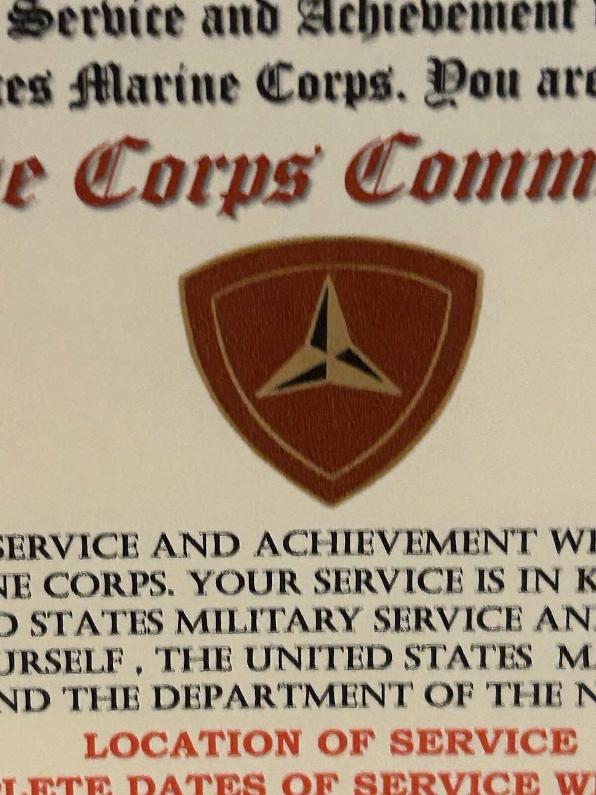 U.S.M.C. / NAVY COMMENDATION MEDAL CERTIFICATE - 3RD MARINE DIVISION