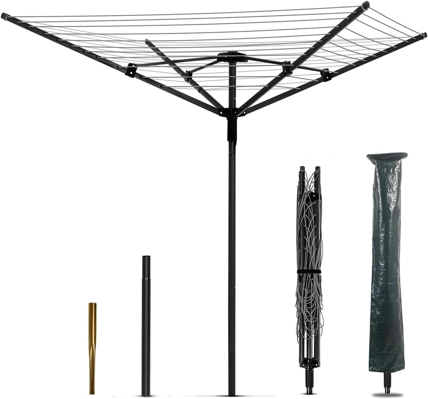Rotary Outdoor Umbrella Dryer 165Ft Folding Clothesline 4 Arm Steel Post Rack HD