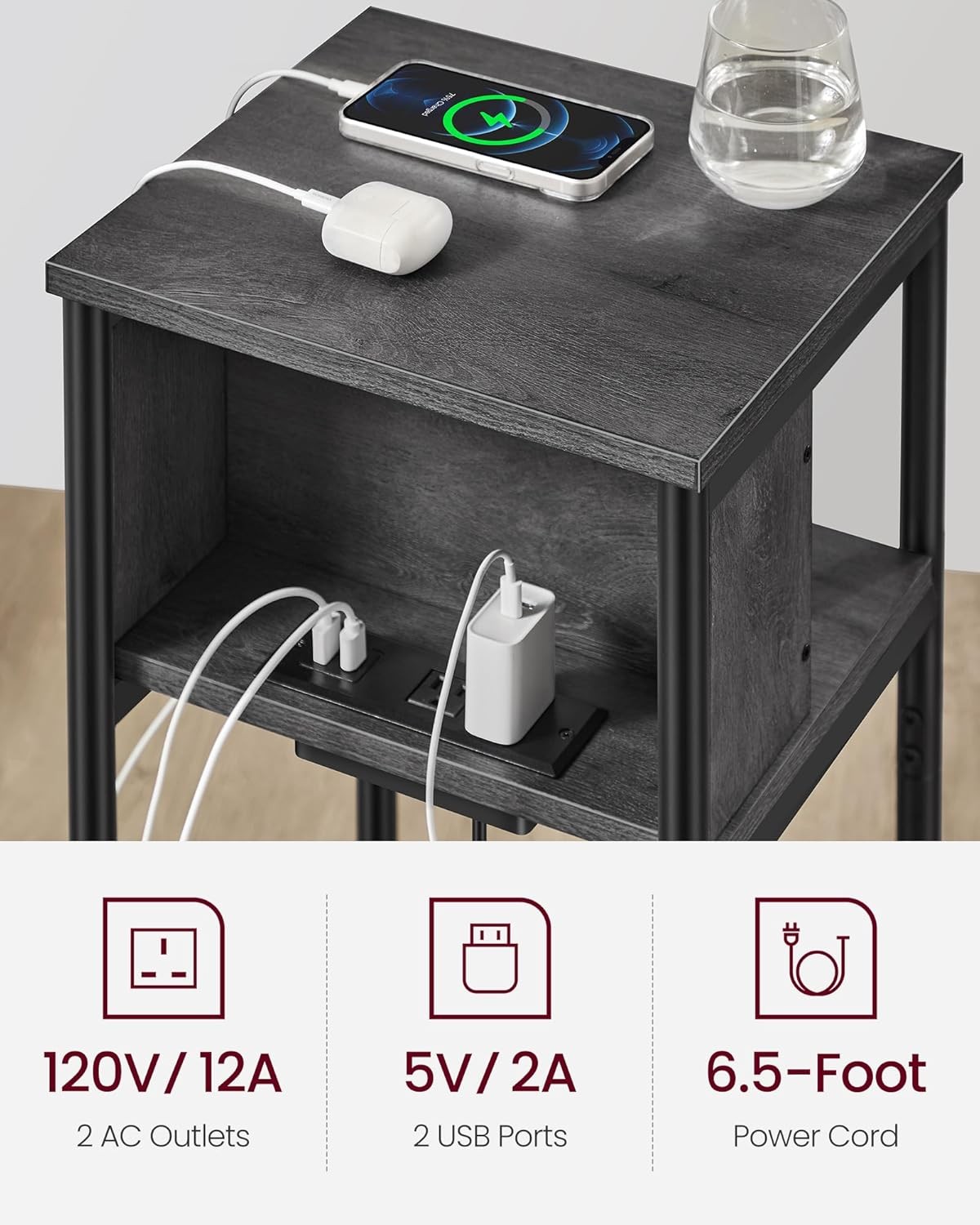 Side Table W/ Charging Station 3-Tier End Table W/ USB Ports & Outlets