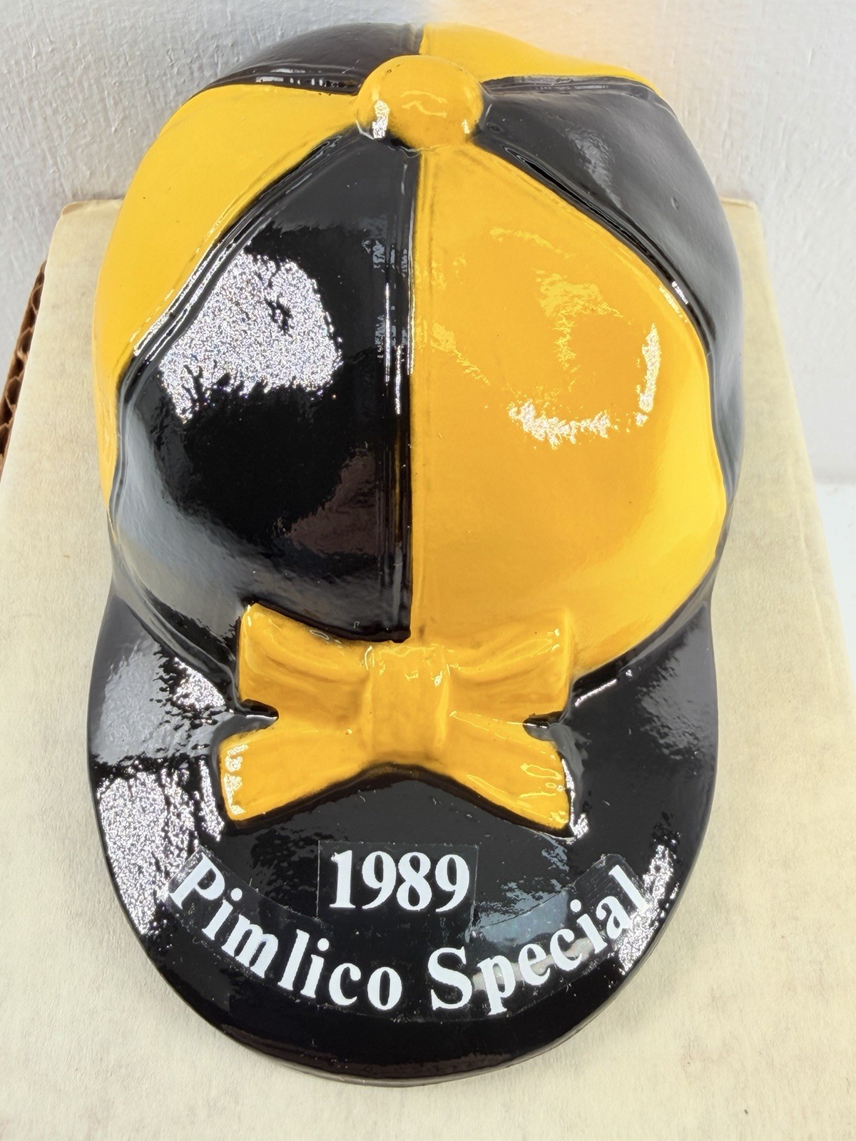 VTG Pimlico Special Jockey Cap Bottle Opener ‘89 Yellow Black Horse Racing Metal