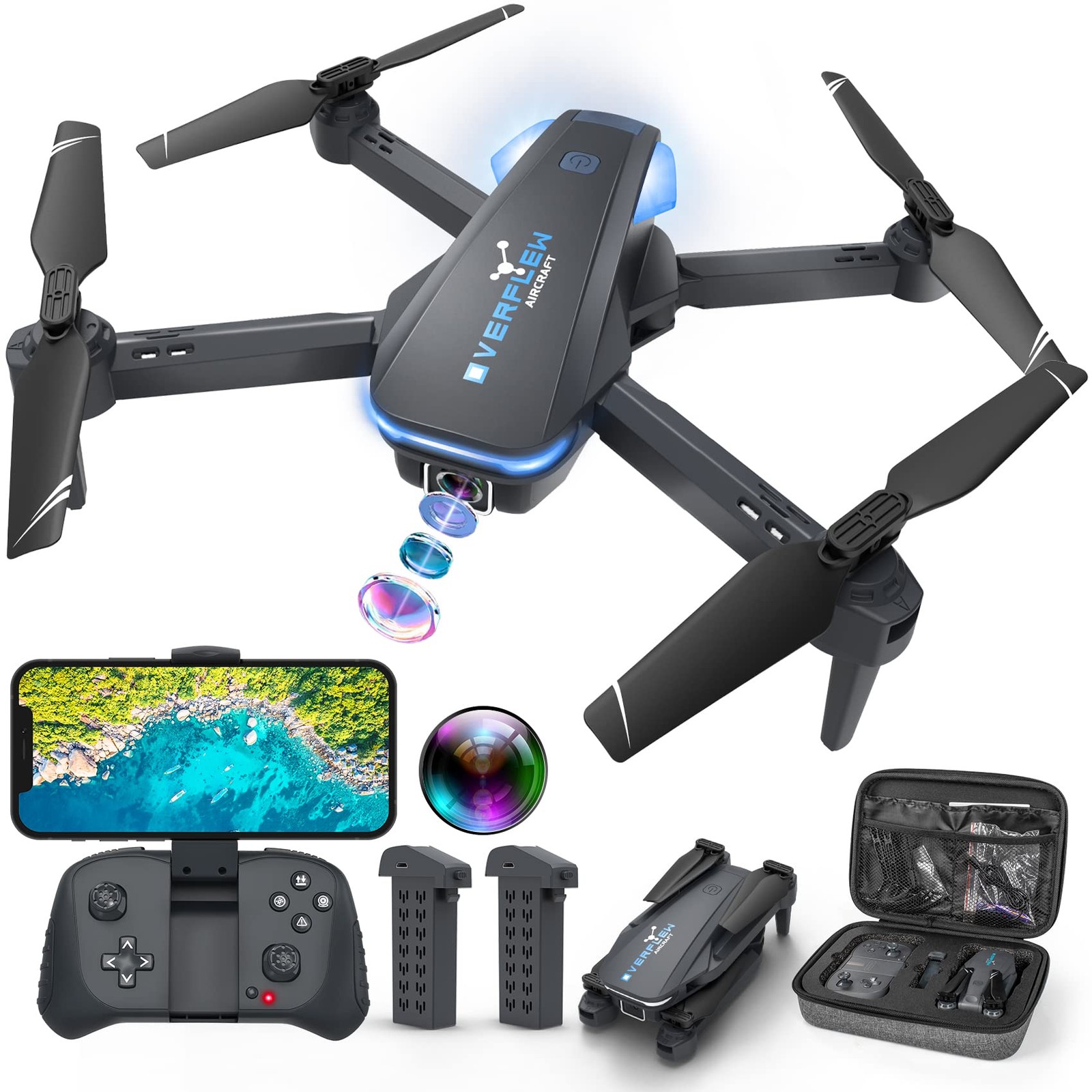 Drone with 1080P Camera for Beginners and Adults, Foldable Remote Grey & Blue