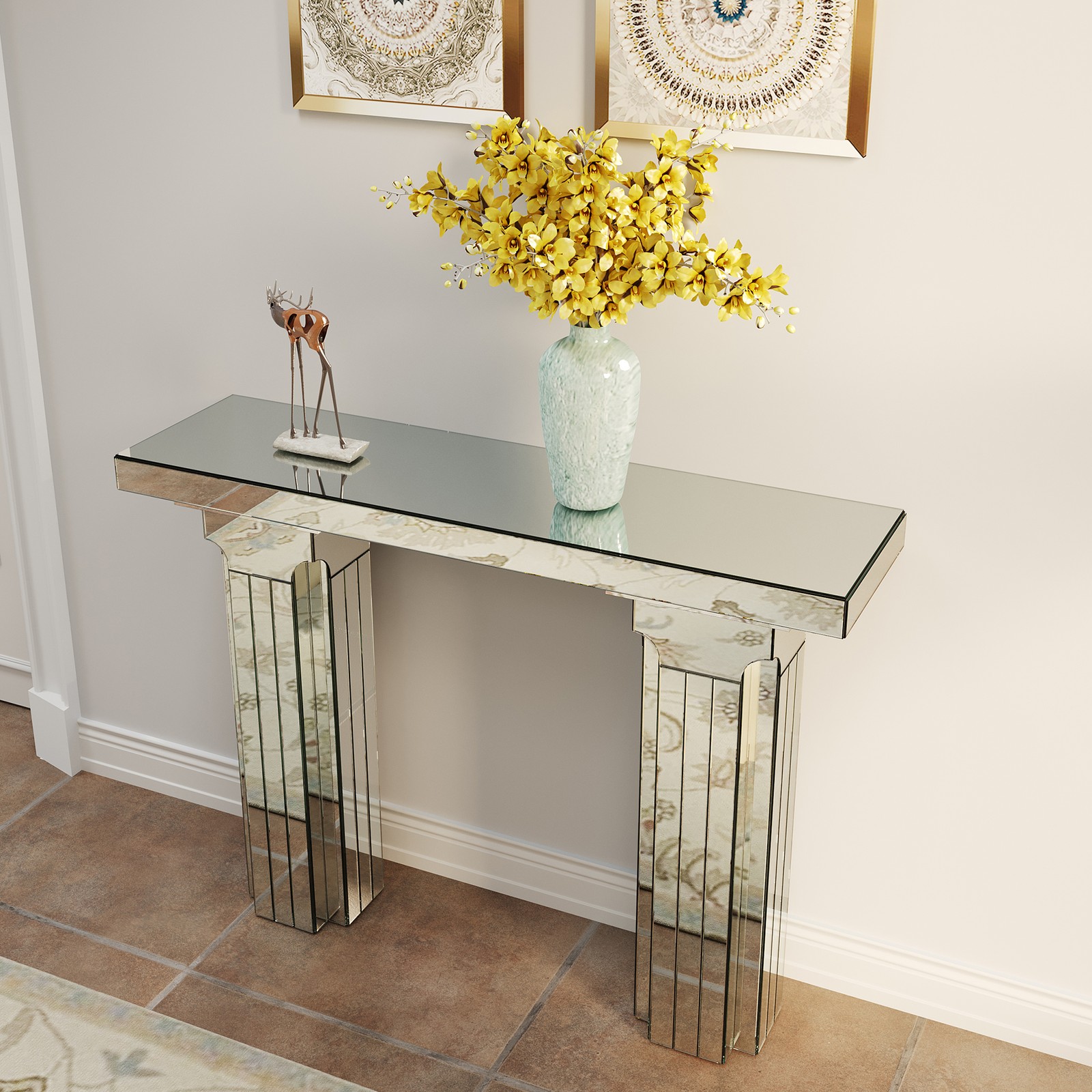 Mirrored Console Table Wide Bling Silver Mirror Entryway Desk Modern Rectangle S