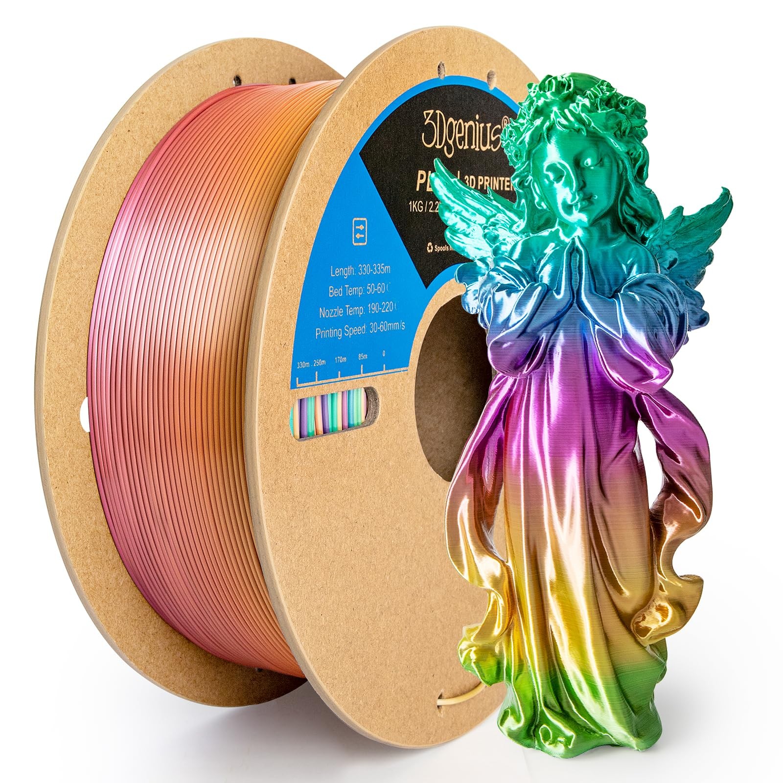 Silk Rainbow PLA Filament 1.75mm 1kg (2.2lbs) Spool, Fast Color Changing Shiny G