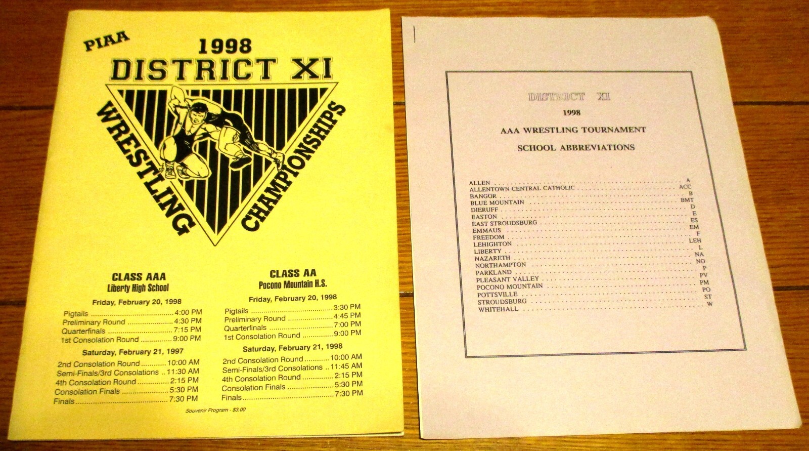 1998 PIAA  District 11 Class AA & AAA  Wrestling Championship  Souvenir Program