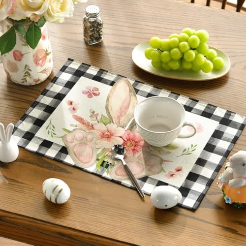 Buffalo Plaid Bunny Ear Foot Flower Easter 12" x 18", Rectangular 4 Pcs Black