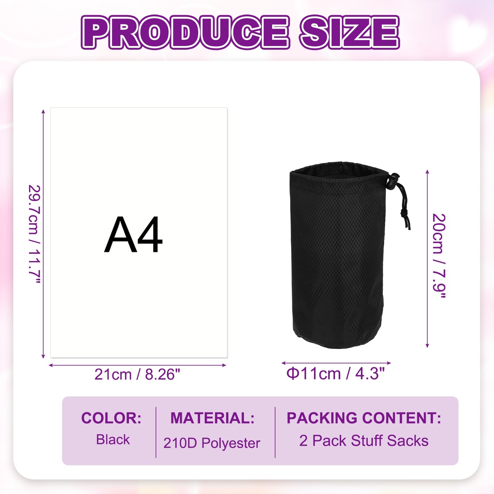 Stuff Sack, Waterproof Ditty Bags with Toggle 4x8In & 2 Pack & Black
