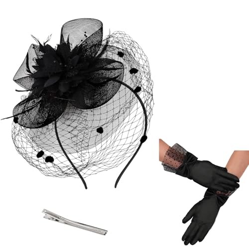 Womens Fascinators Hats and Lace Gloves Short Tea Party Hats Flower Black 1