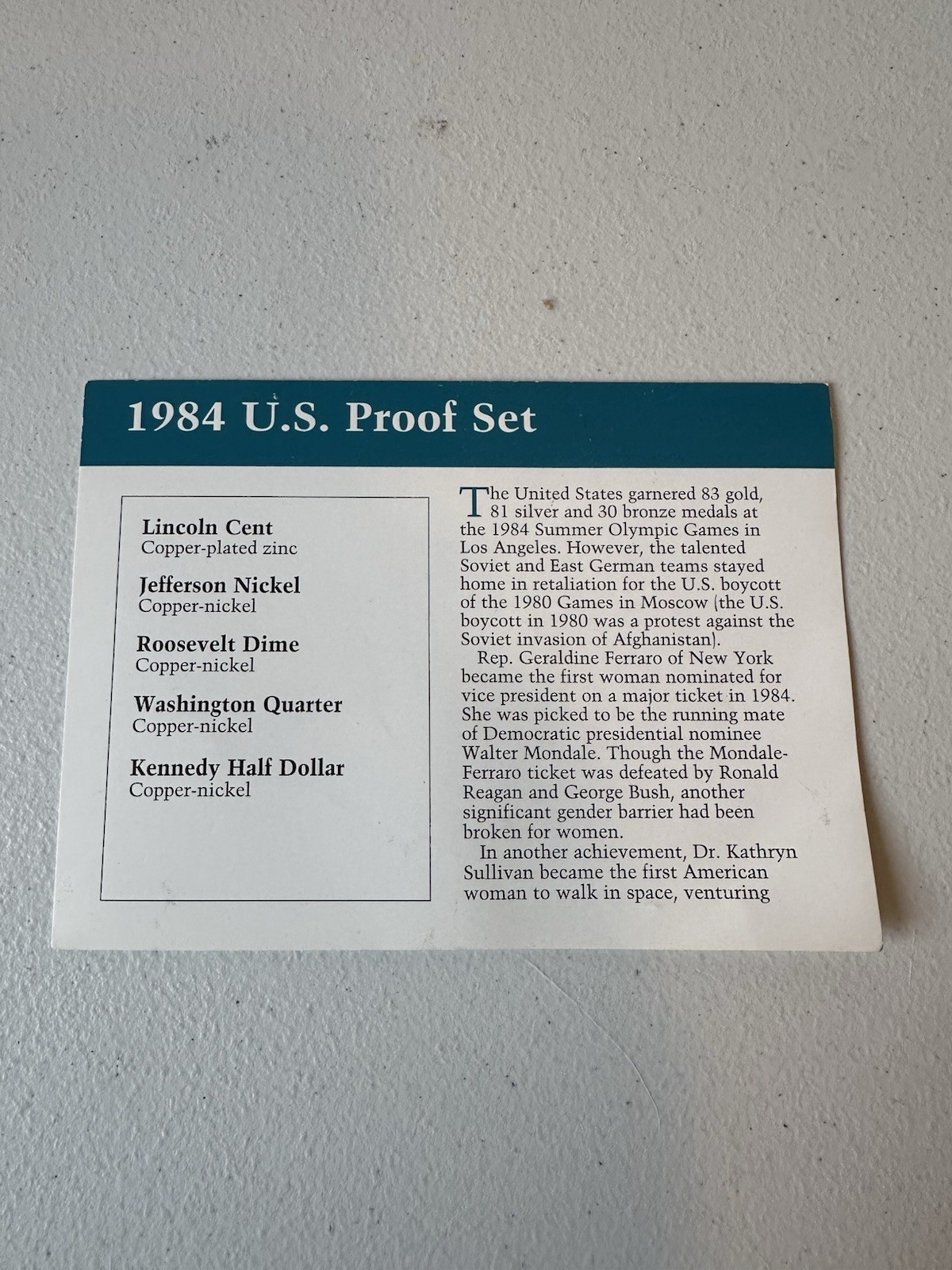 1984 U.S. Proof Set Divider Card Aqua Border Littleton Coin Company 6” x 4.5”