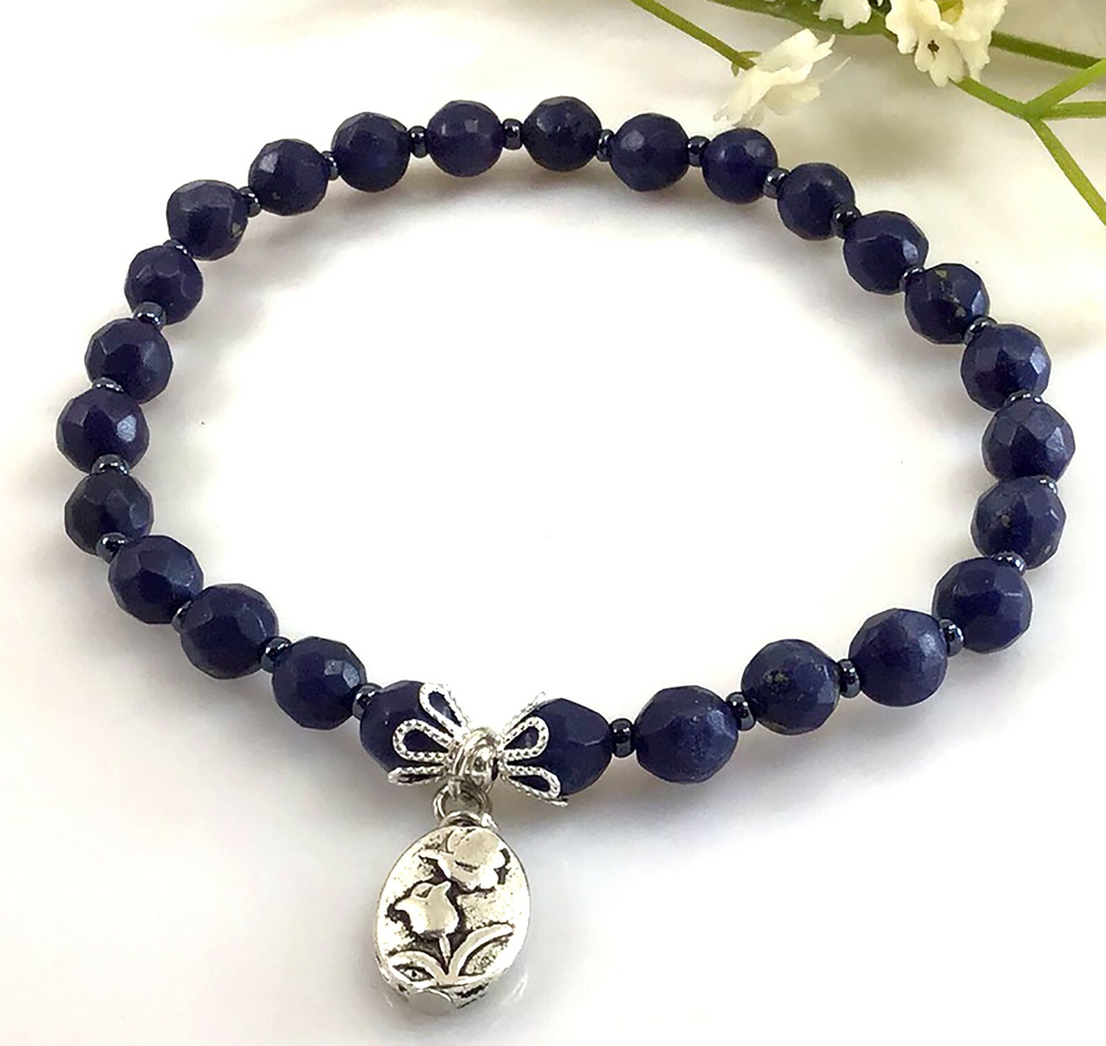 Blue Lapis round faceted beaded bracelet with flower charm healing gemstone