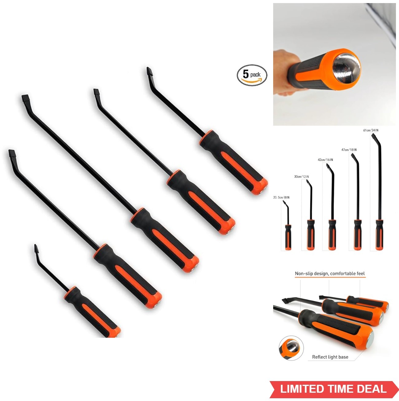Pry Bar Set of 5 Heavy Duty Crowbar 8 12 16 18 24 Inch with Striking Cap for