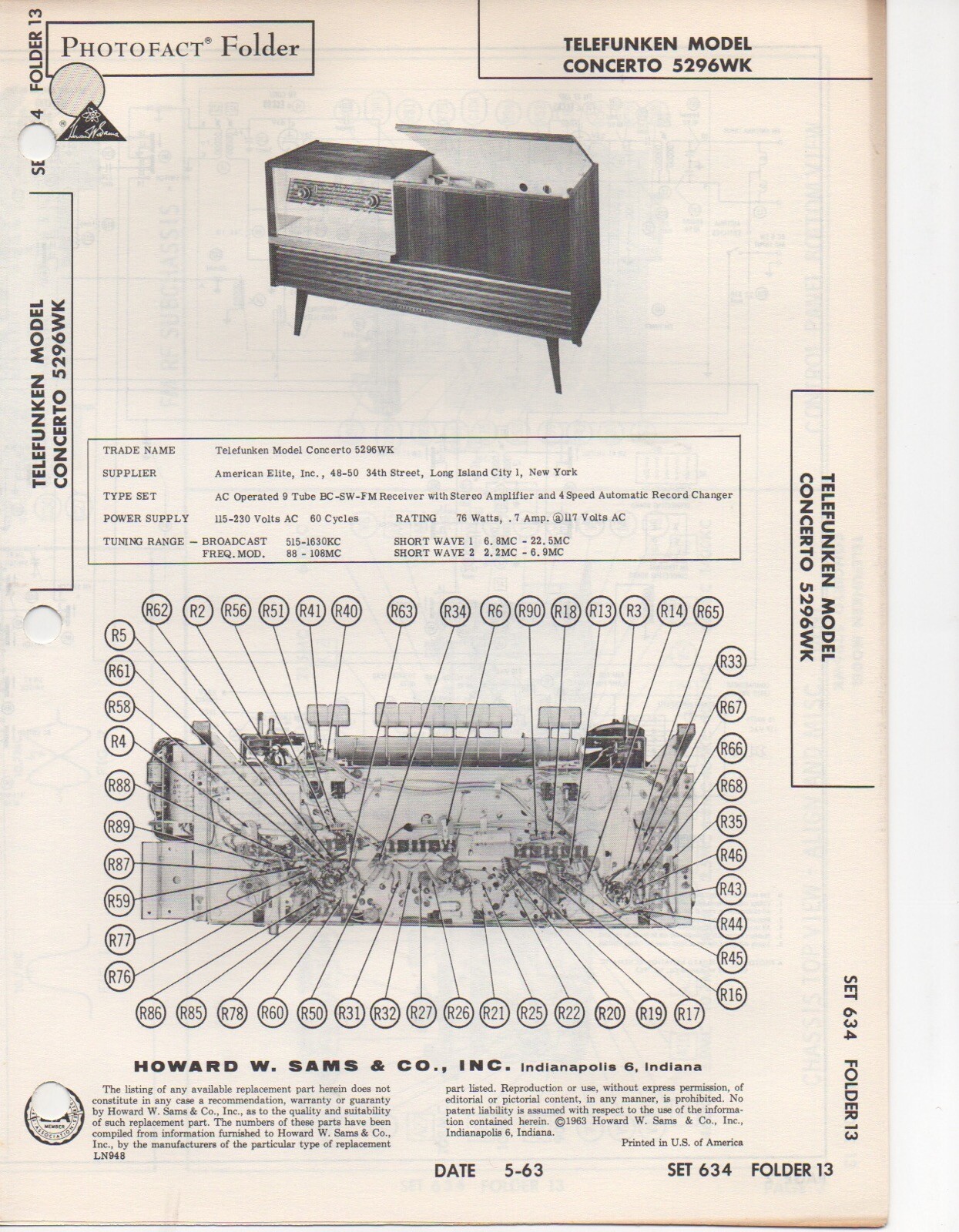 1963 TELEFUNKEN CONCERTO 5296WK RECORD PLAYER AMP RADIO SERVICE MANUAL PHOTOFACT
