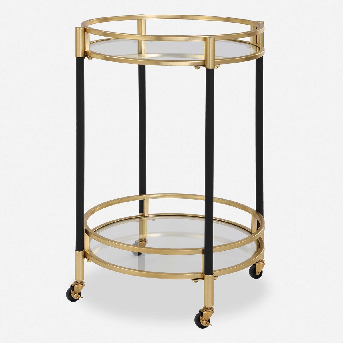 Dolly Bar Cart Table Glass Shelves Gold Black Rolling Cart ~ Uttermost 24198