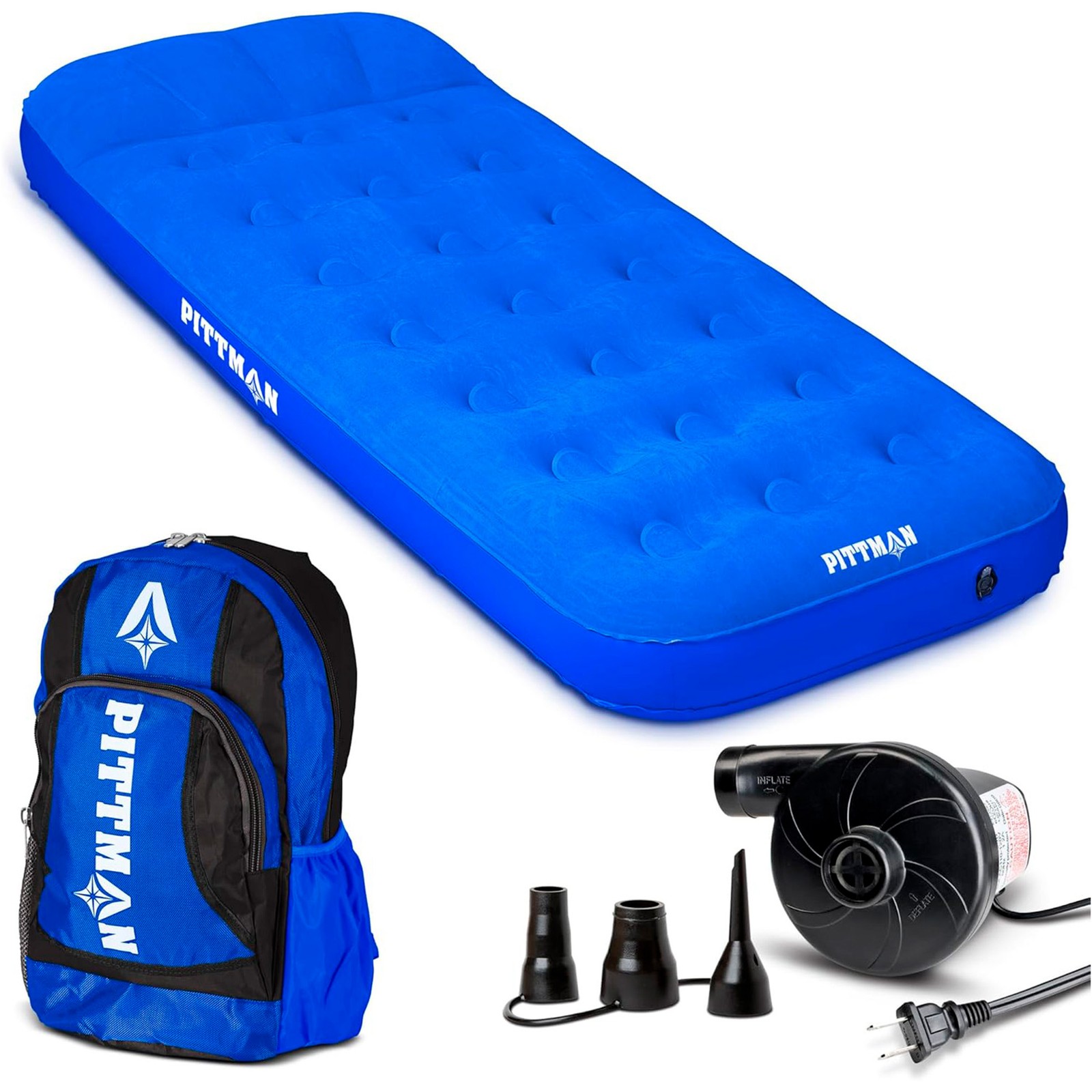 Pittman Outdoors Kids Air Mattress, 74" x 30" Air Bed w/ Pump & Backpack, Blue