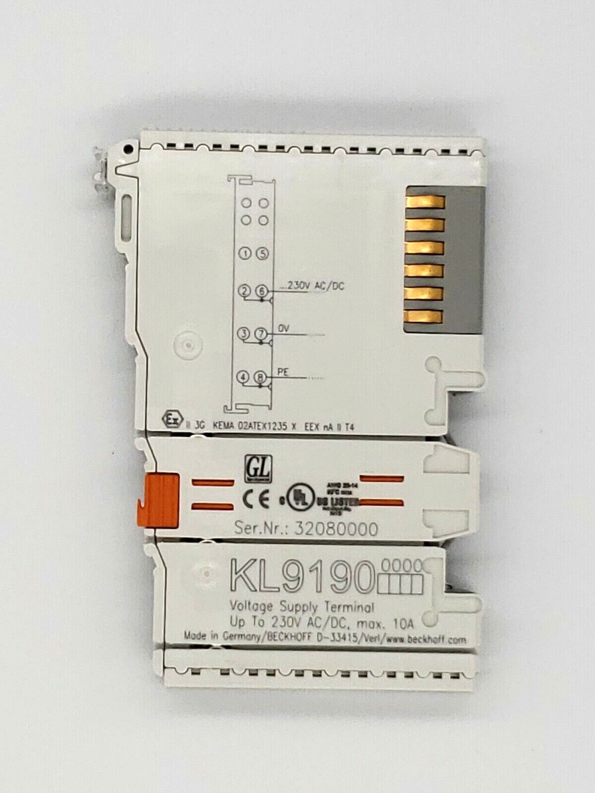 Lot of 2 Beckhoff KL9190 Voltage Supply Terminal 230V AC/DC 10A 60 Day Warranty
