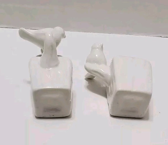 Birdhouse Shaped Toothpick Match Holder 2 Pack W/ White Birds Perched Ceramic