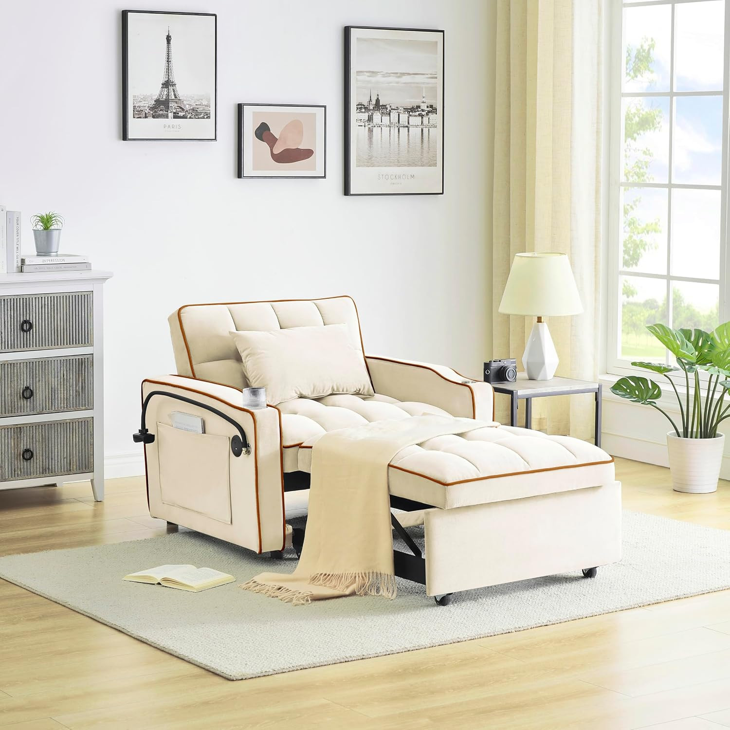 Convertible Sofa Bed, 3-In-1 Pull Out Sleeper Chair with USB Port &  Stand, Adju