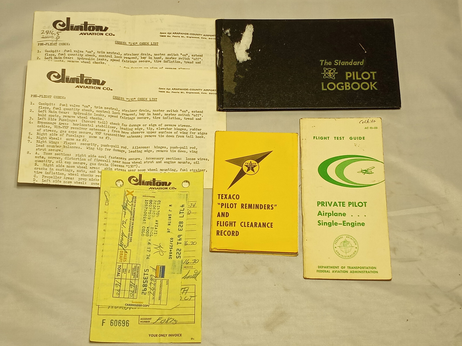 Vintage FAA Standard Professional Pilot Logbook, Black & Papers