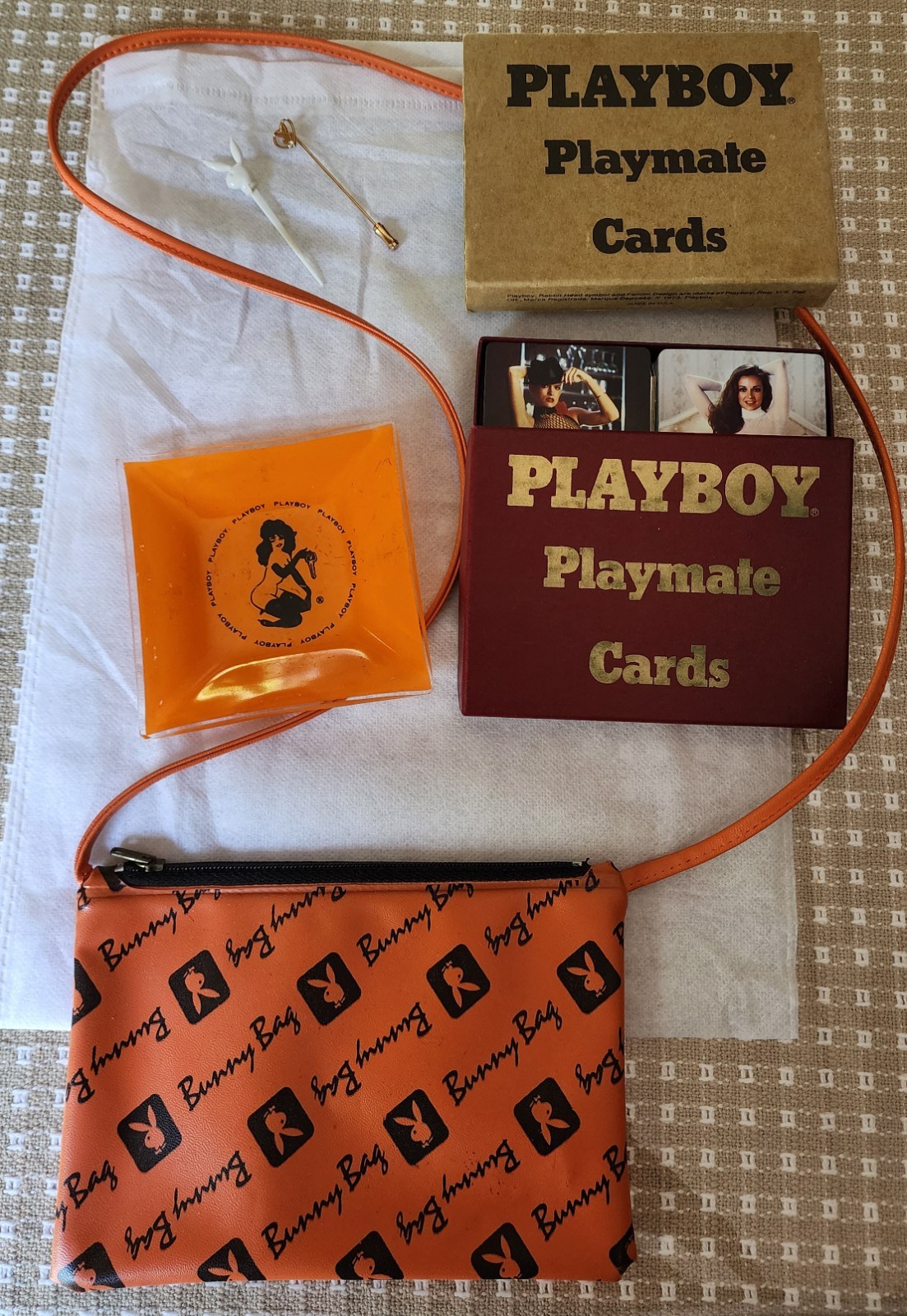 1960s-70s Playboy Souvenir Lot, Ashtray, Card Decks, Small Purse, Gold Lapel Pin