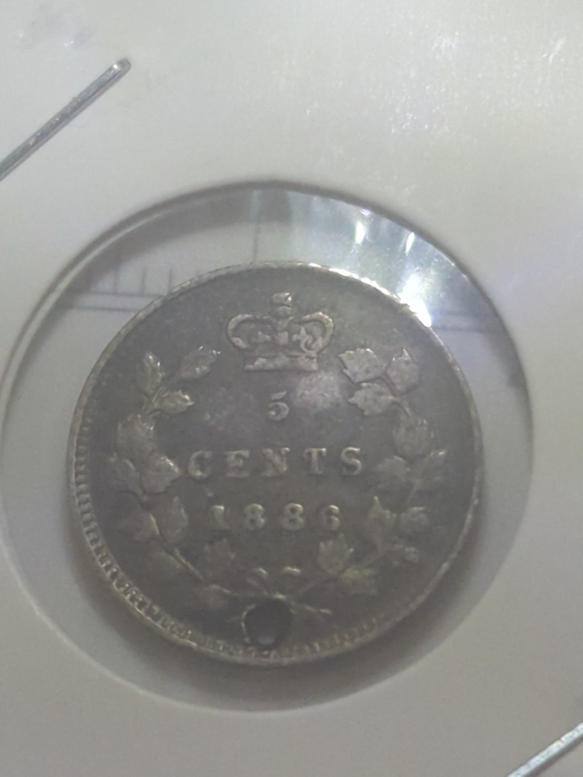 Canada 1886 Large 6 Silver 5 Cents, Nice Grade, Queen Victoria - Hole (W3335)