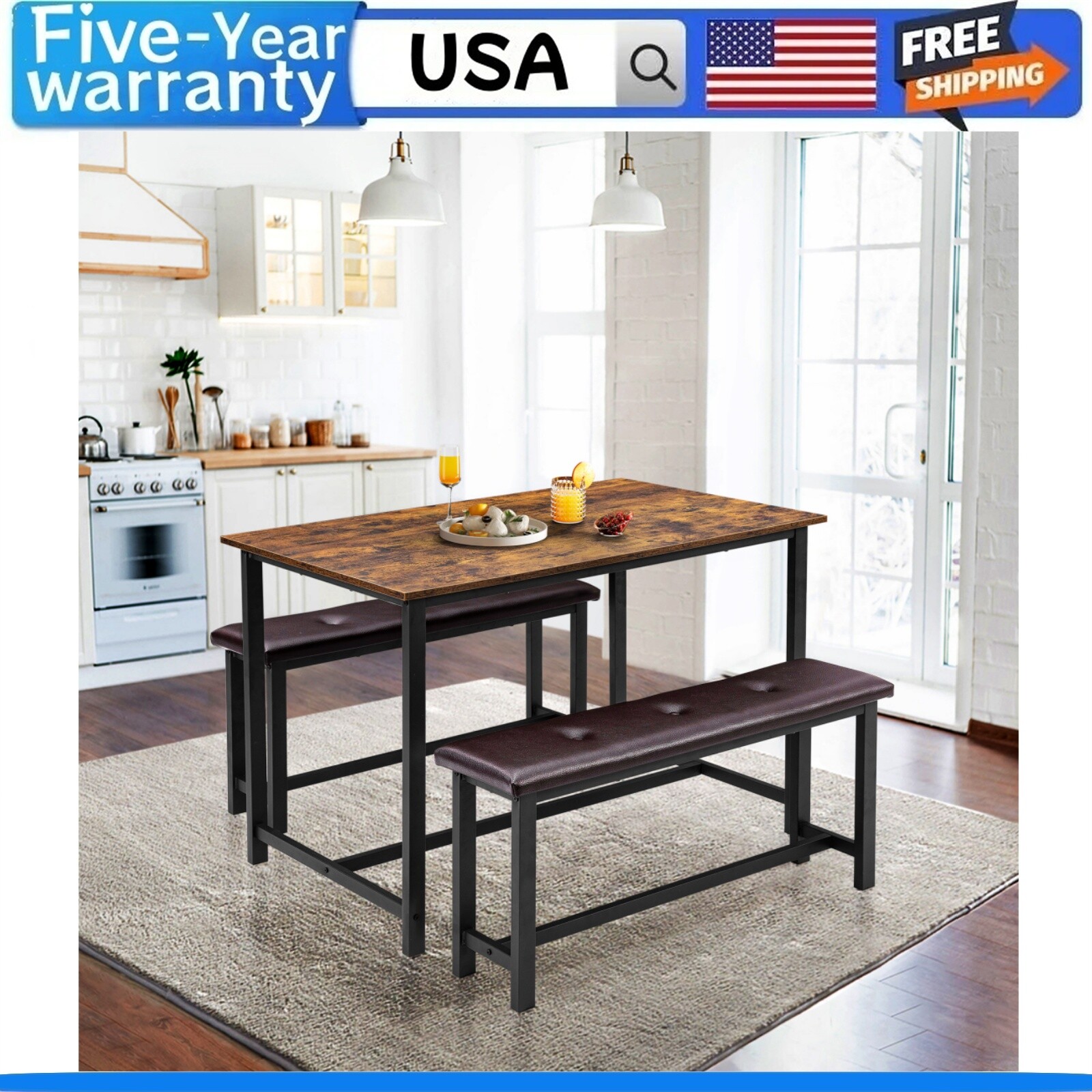 ☑️Dining Table Set for 4 Kitchen Table with 2 Upholstered Benches 3 Piece Kitche