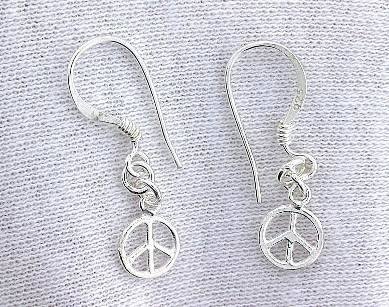 Peace Sign Dangle .925 Pure REAL Sterling Silver Earwire Casted Earrings EBS2308