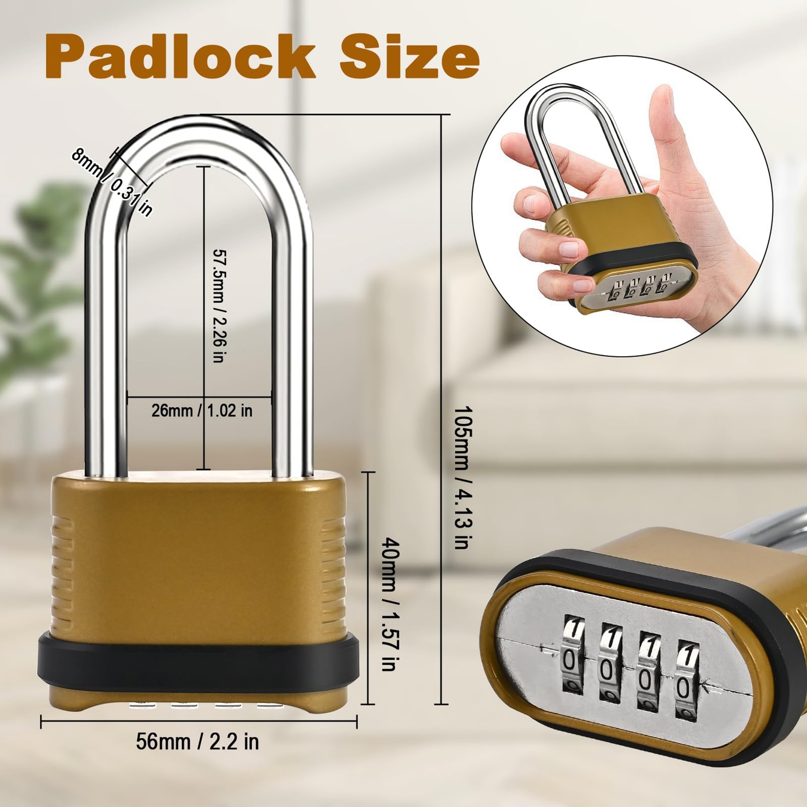 4 Pack Long Shackle Combination Padlock - 105mm Heavy Duty Combination Locks, Ou