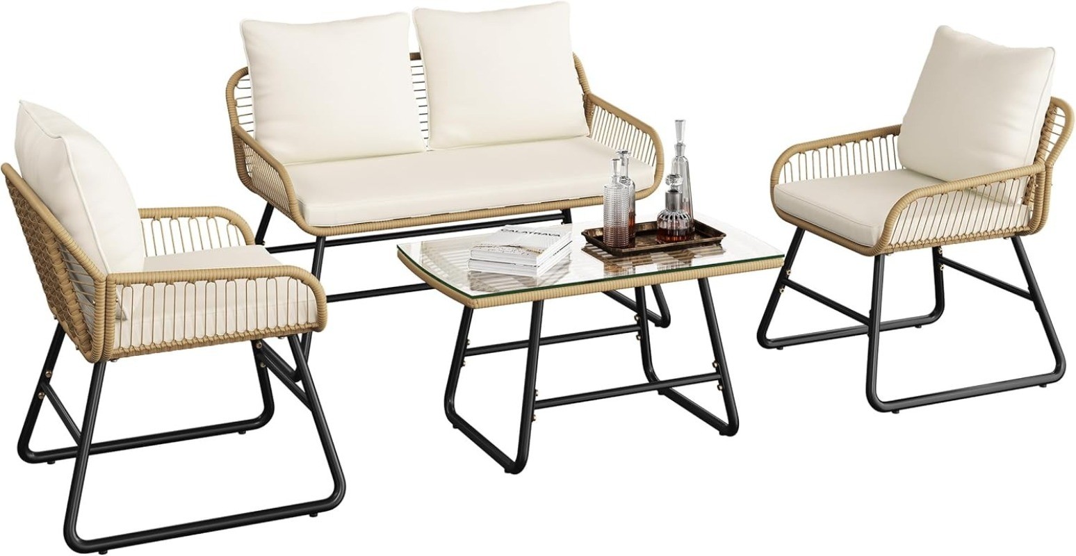 4 Piece Patio Furniture Set Wicker Conversation Sets Boho Loveseat 2 Armchairs