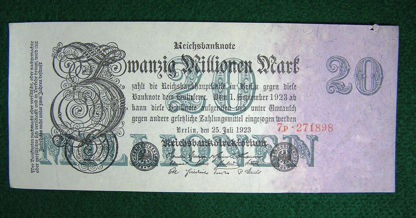 Germany Weimar 20 Million Mark 1923, P-97b 6 Digit SN, VF+, Combined Ship