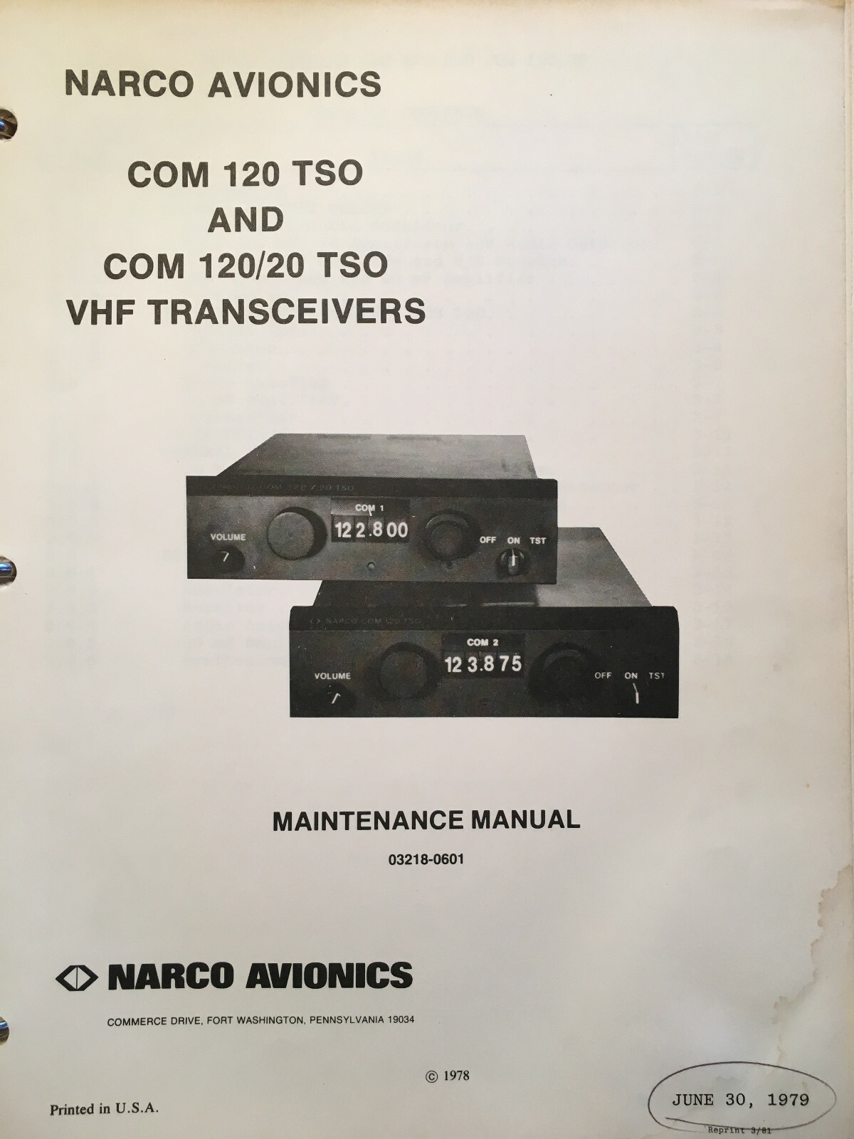 Narco Com 120 TSO, Com 120/20 TSO Install, Service & Parts Manual