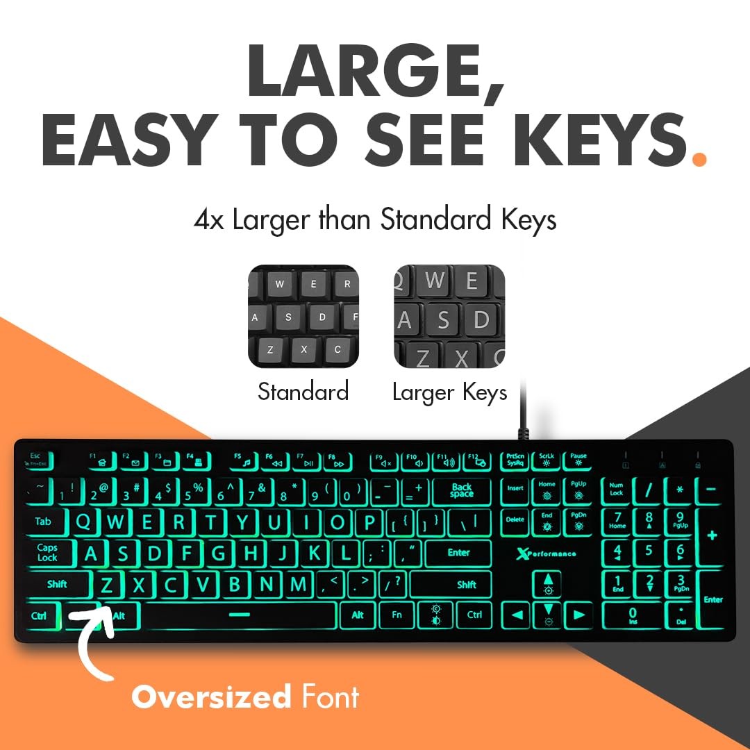 X9 Large Print Backlit Keyboard | Wired Light Up Computer Keyboard for PC Des...