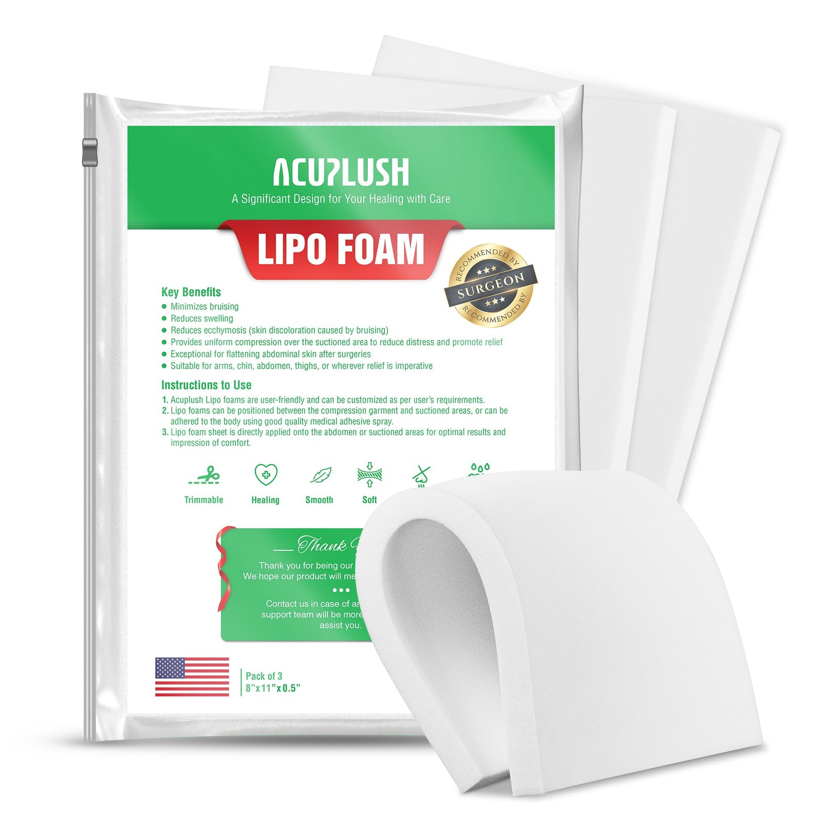 ACUPLUSH 3 Pack Lipo Foam Pads - Post Surgery Ab 8 x 11 x 0.5 inches, white