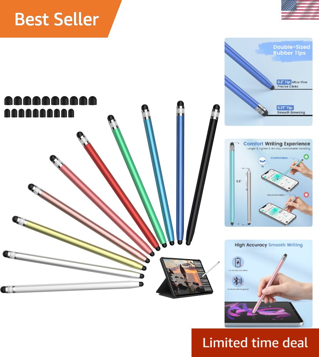 Stylus Pen Multi-Pack - 10 Aluminum Pens for All Touchscreens with Extra Tips