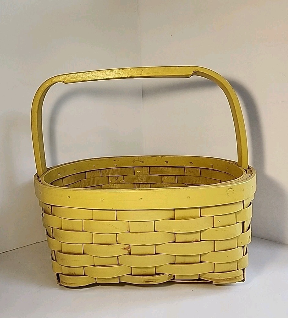 Vtg YELLOW Wood Market Basket & Handle 13 x10.25” Sturdy Gathering Garden -