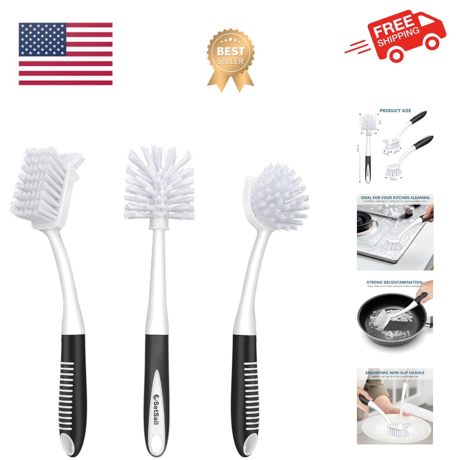 Dish Brush Set of 3 with Bottle Brush, Dish Scrub Brush with Long Handle Deep...