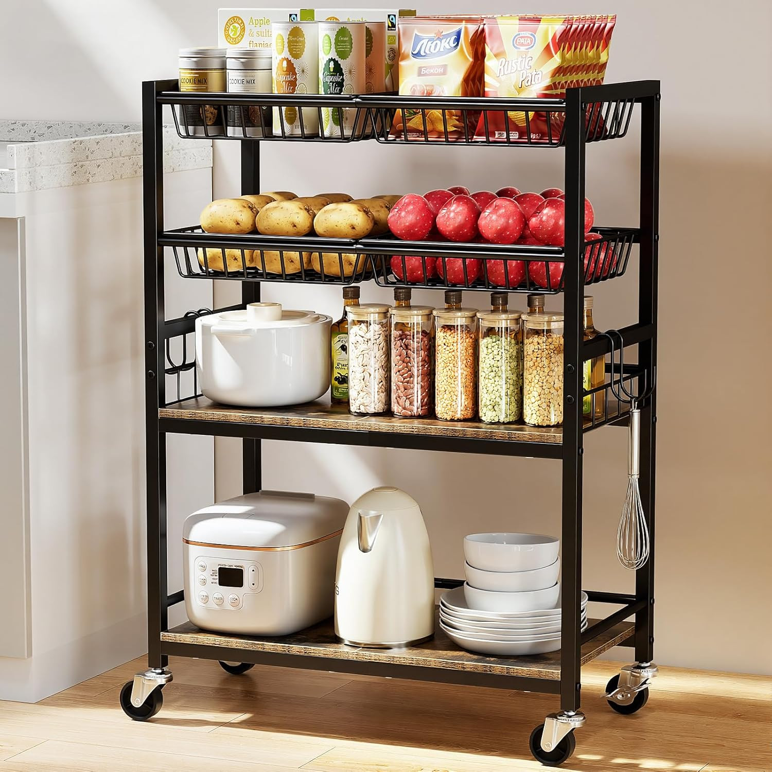 Fruit Vegetable Storage Cart, 4-Tier Rolling Kitchen Storage Cart, Fruit & Veget