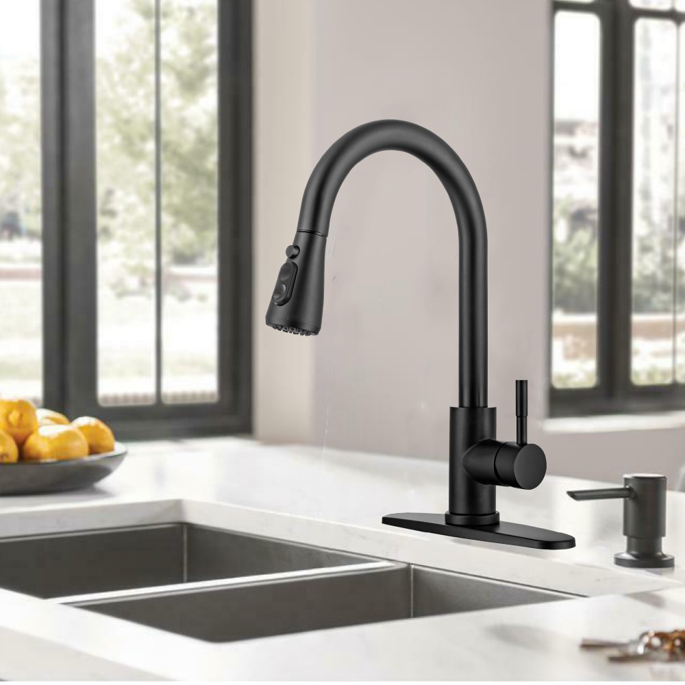 Stainless Black Kitchen Sink Faucet Single Handle Swivel Pull Down Sprayer Mixer