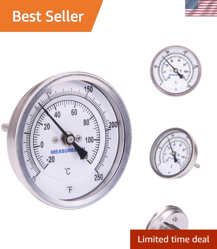 Professional 3" Dial Bimetal Thermometer - Accurate Range 0-250°F, Adjustable