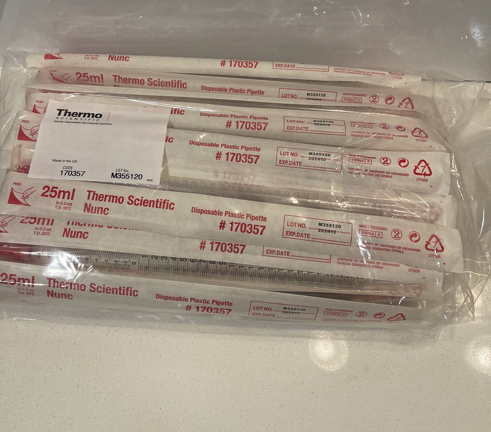 THERMO SCIENTIFIC Polystyrene 25mL Nunc Serological Pipette 170357 (50/pack)
