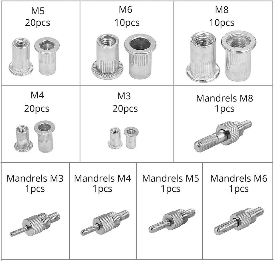 86pc Blind Rivet Nut Threaded Insert Rivet Gun Rivnut Nutsert Riveting Kit M3-M8